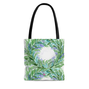 Lavender Floral Print Tote Bag, White Flower Print Spring Themed Flower Print Designer Colorful Square 13"x13", 16"x16", 18"x18" Premium Quality Market Tote Bag - Made in USA