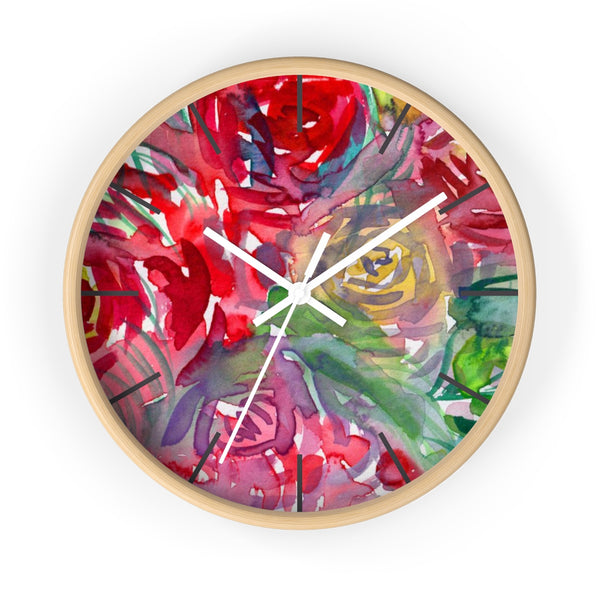 Red Floral Rose Flower Print Elegant 10 inch Diameter Wall Clock - Made in USA-Wall Clock-Wooden-White-Heidi Kimura Art LLC