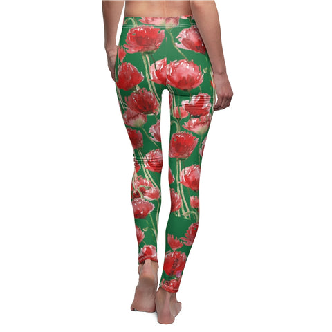 Green Poppy Flower Tights, Best Green and Red Poppy Flower Cute Elegant Chic Designer Watercolor Floral Print Skinny Fit Best Long Women's Tights / Fashion Floral Print Skinny Fit Designer Premium Quality Casual Leggings - Made in USA (US Size: XS-2XL) Plus Size Available&nbsp;