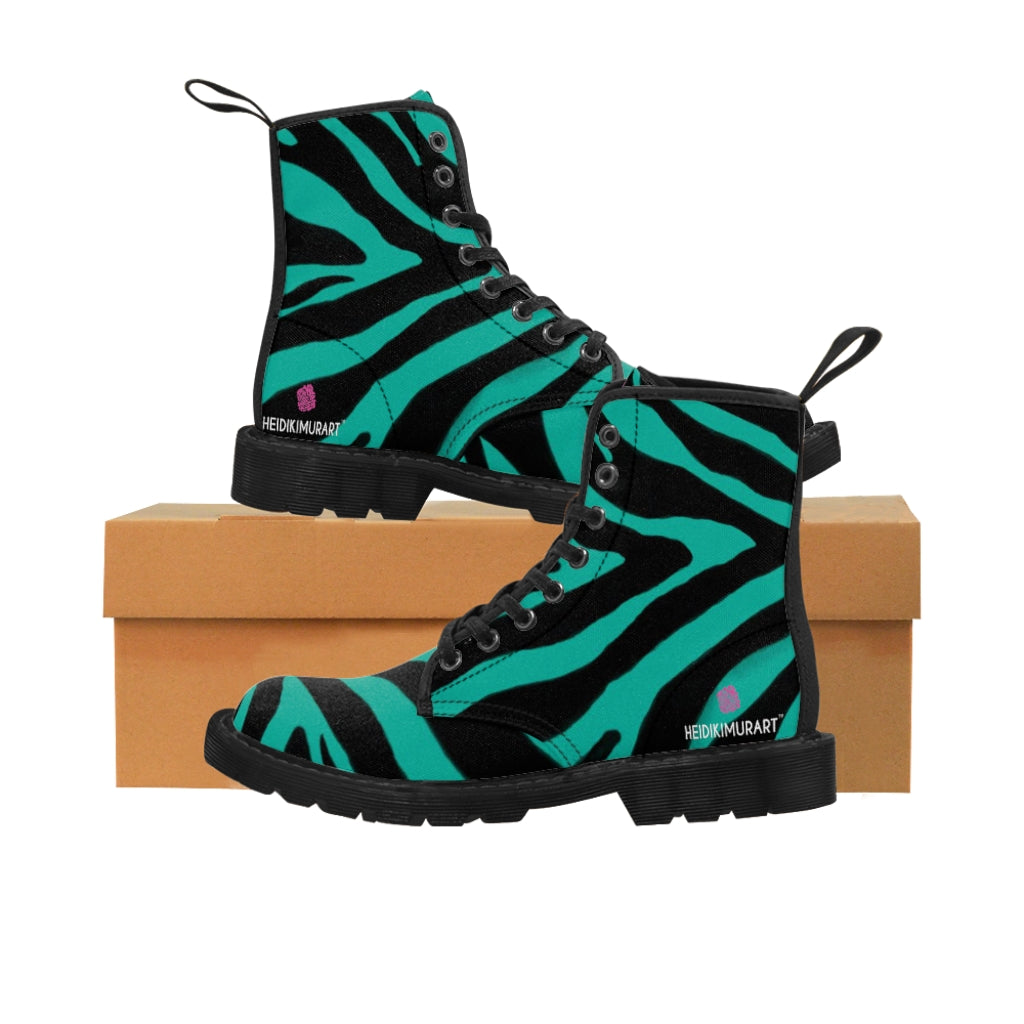 Green Zebra Best Men's Boots, Zebra Animal Print Lace Up Combat Canvas Boots Shoes For Men, Best Zebra Animal Print Combat Work Hunting Laced Up Hiking Boots, Anti Heat + Moisture Designer Men's Winter Boots Hiking Shoes (US Size: 7-10.5)