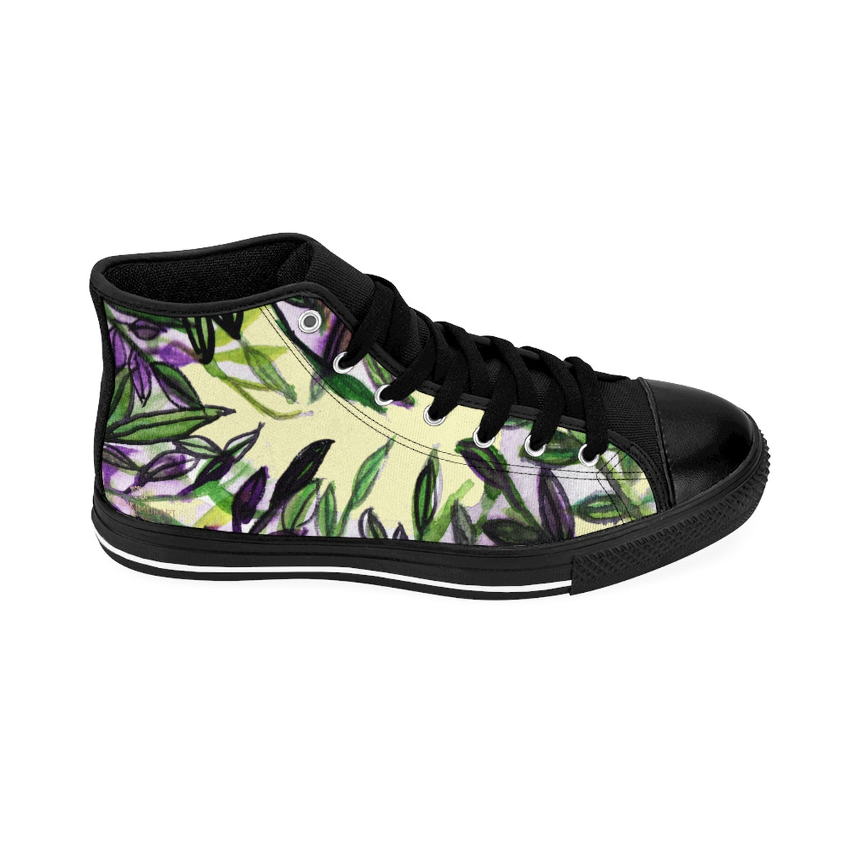 Light Yellow Green Tropical Leaf Print Designer Men's High-top Sneakers Tennis Shoes-Men's High Top Sneakers-Black-US 9-Heidi Kimura Art LLC