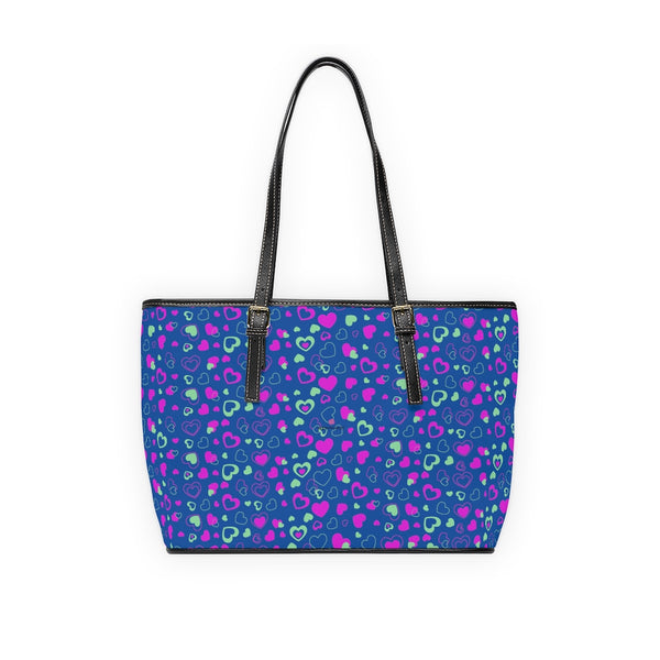 Blue Hearts Print Tote Bag, PU Leather Shoulder Hand Work Bag