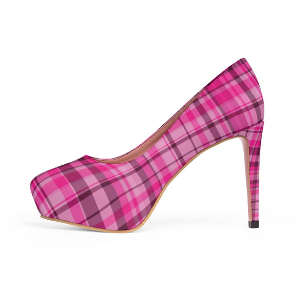 Pink Tartan Scottish Plaid Print Women's Platform Heels Stiletto Pumps (US Size: 5-11)-4 inch Heels-Heidi Kimura Art LLC