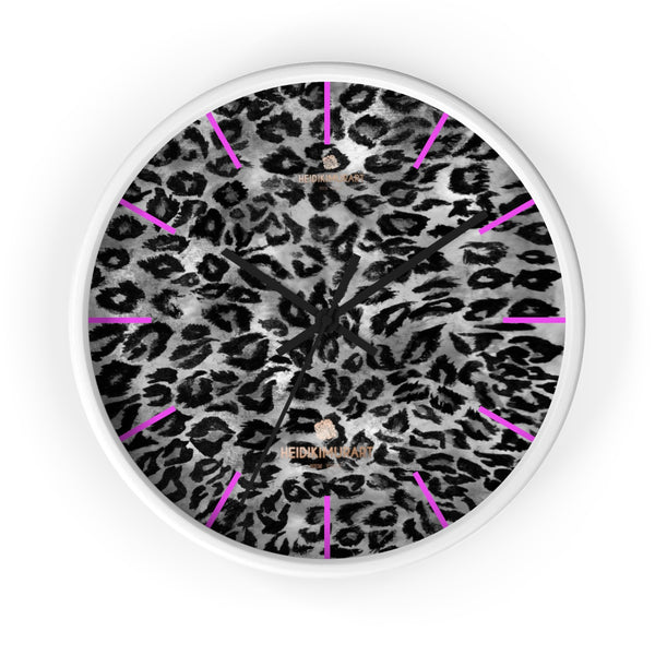 Gray Leopard Print Wall Clock, Animal Print 10 in. Dia. Indoor Wall Clock- Made in USA-Wall Clock-10 in-White-Black-Heidi Kimura Art LLC