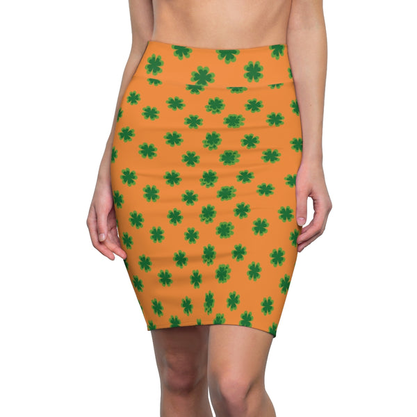 Orange Green Clover Leaf Print St. Patrick's Day Women's Pencil Skirt- Made in USA-Pencil Skirt-Heidi Kimura Art LLC