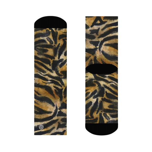 Tiger Stripe Print Unisex Socks, Orange Tiger Animal Print Women's/ Men's Luxury Socks-Socks-3/4 Crew-Heidi Kimura Art LLC