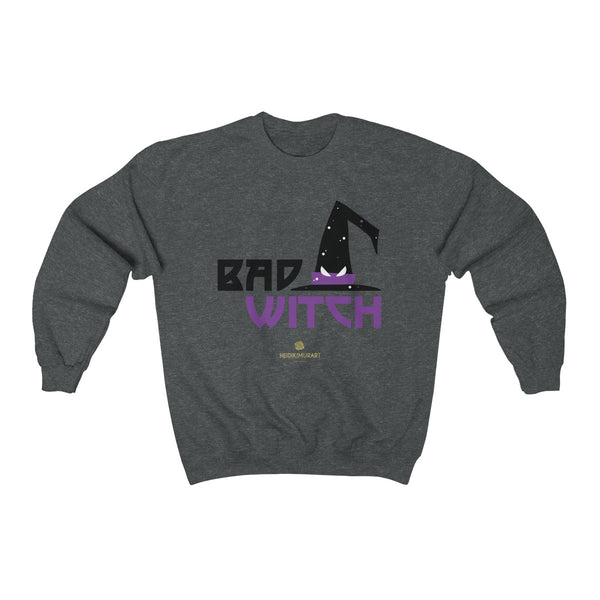 Halloween Sweatshirt, Bad Witch Unisex Heavy Blend Crewneck Shirt-Made in USA (US Size: S-5XL)-Long-sleeve-Dark Heather-S-Heidi Kimura Art LLC