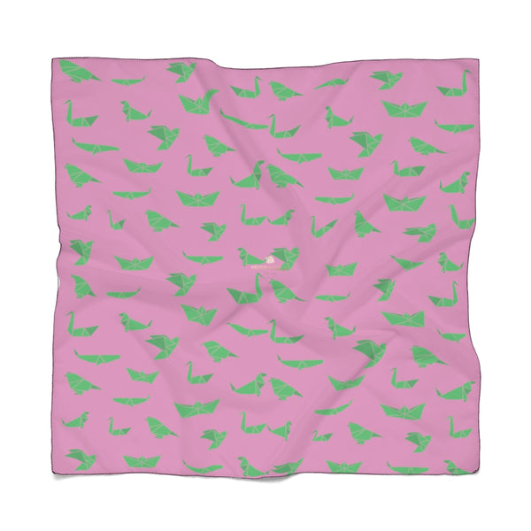 Pink Green Japanese Crane Poly Scarf, Cute Fashion Accessories For Men/Women- Made in USA-Accessories-Printify-Poly Chiffon-25 x 25 in-Heidi Kimura Art LLC