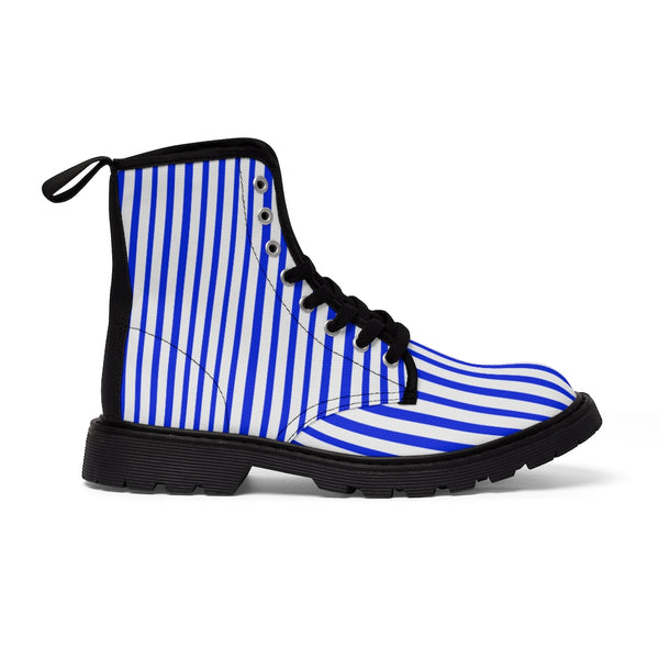Blue Stripes Women's Canvas Boots, Best White Blue Striped Winter Boots Shoes For Ladies-Shoes-Printify-Heidi Kimura Art LLC  Blue Striped Women's Canvas Boots, Vertically White Striped Print Designer Women's Winter Lace-up Toe Cap Boots Shoes For Women (US Size 6.5-11)
