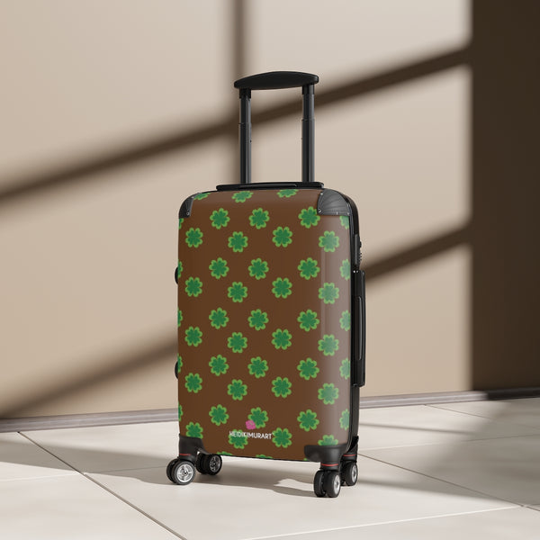 Dark Brown Clover Print Suitcases, Irish Style St. Patrick's Day Designer Suitcase Luggage (Small, Medium, Large)