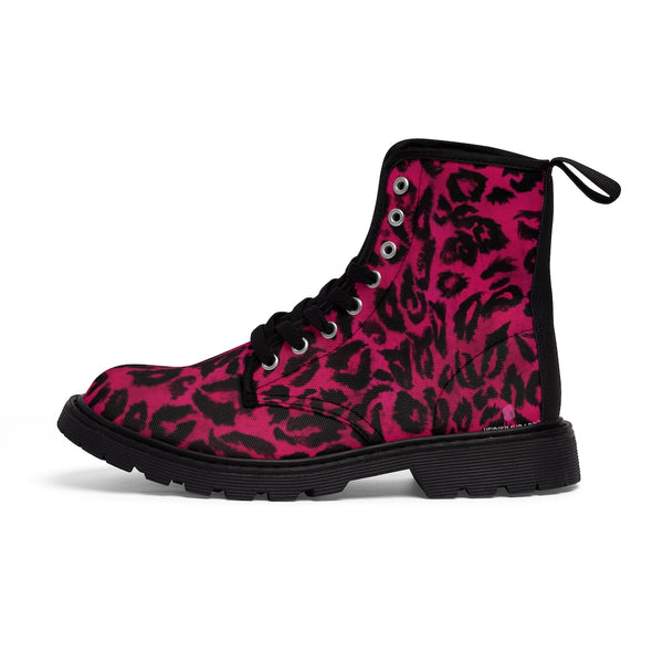 Hot Pink Women's Canvas Boots, Hot Pink Leopard Animal Print Designer Women's Winter Lace-up Toe Cap Hiking Boots Shoes For Women (US Size 6.5-11)