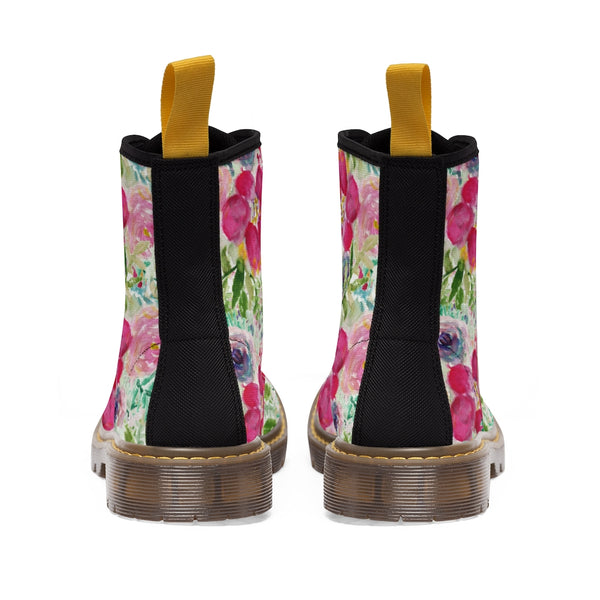 Pink Floral Women's Canvas Boots-Shoes-Printify-Heidi Kimura Art LLC Pink Floral Women's Canvas Boots, Flower Hiking Canvas Mountain Boots, Modern Essential Casual Fashion Hiking Boots, Canvas Hiker's Shoes For Mountain Lovers, Stylish Premium Combat Boots, Designer Women's Winter Lace-up Toe Cap Hiking Boots Shoes For Women (US Size 6.5-11)