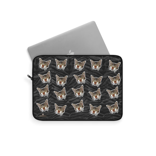 Gray Tiger Stripe Peanut Meow Cat Calico Print 12",13",15" Computer Bag Laptop Sleeve- Made in USA-Laptop Sleeve-Heidi Kimura Art LLC