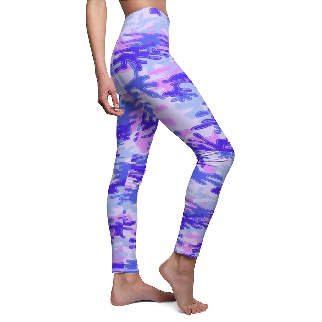 Purple Pink Camo Army Print Women's Dressy Long Casual Leggings- Made in USA-All Over Prints-White Seams-M-Heidi Kimura Art LLC