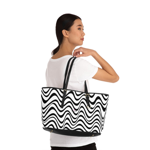 White Wavy Tote Bag, PU Leather Shoulder Hand Work Bag