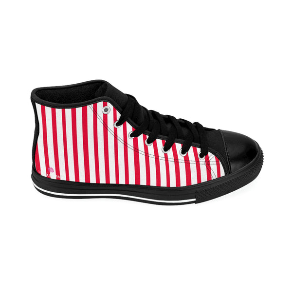 Red Striped Men's High-top Sneakers, Red White Modern Stripes Men's High Tops, High Top Striped Sneakers, Striped Casual Men's High Top For Sale, Fashionable Designer Men's Fashion High Top Sneakers, Tennis Running Shoes (US Size: 6-14)