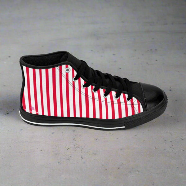 Red Striped Men's High-top Sneakers, Red White Modern Stripes Men's High Tops, High Top Striped Sneakers, Striped Casual Men's High Top For Sale, Fashionable Designer Men's Fashion High Top Sneakers, Tennis Running Shoes (US Size: 6-14)