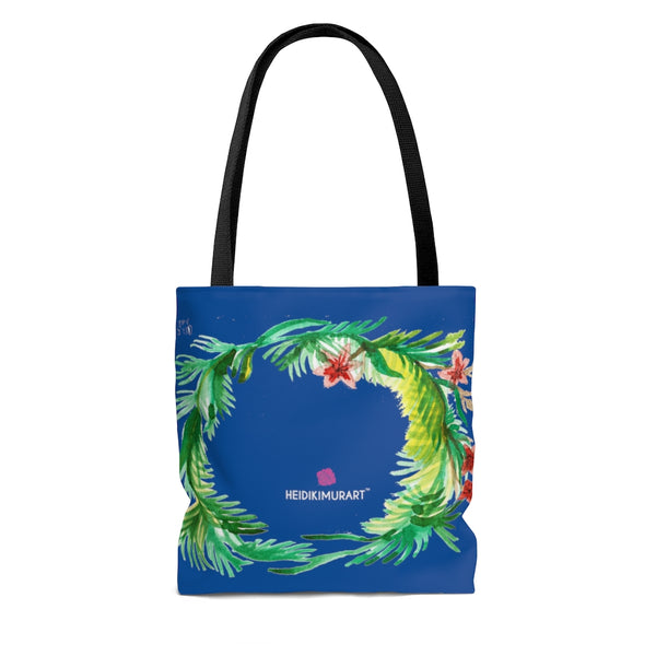 Dark Blue Floral Tote Bag, Flower Print Fall Themed Flower Print Designer Colorful Square 13"x13", 16"x16", 18"x18" Premium Quality Market Tote Bag - Made in USA