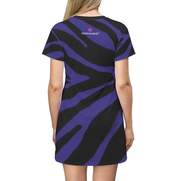 Purple Zebra Print T-Shirt Dress, Zebra Animal Print Designer Crew Neck Women's Long Tee T-shirt Fashion Dress-Made in USA (US Size: XS-2XL)