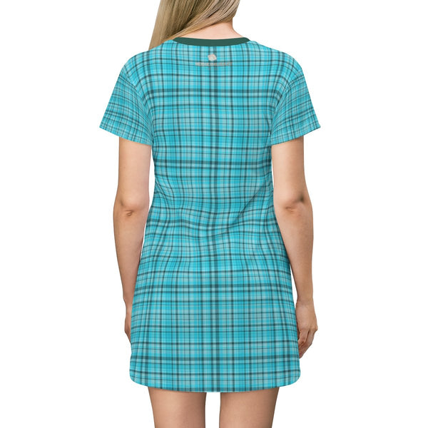 Light Blue Plaid Tartan Print Designer Crew Neck Long T-Shirt Dress-Made in USA-T-Shirt Dress-Heidi Kimura Art LLC