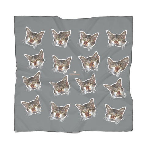 Gray Cat Print Poly Scarf, Cute Fashion Accessories For Cat Lovers- Made in USA-Accessories-Printify-Poly Chiffon-25 x 25 in-Heidi Kimura Art LLC