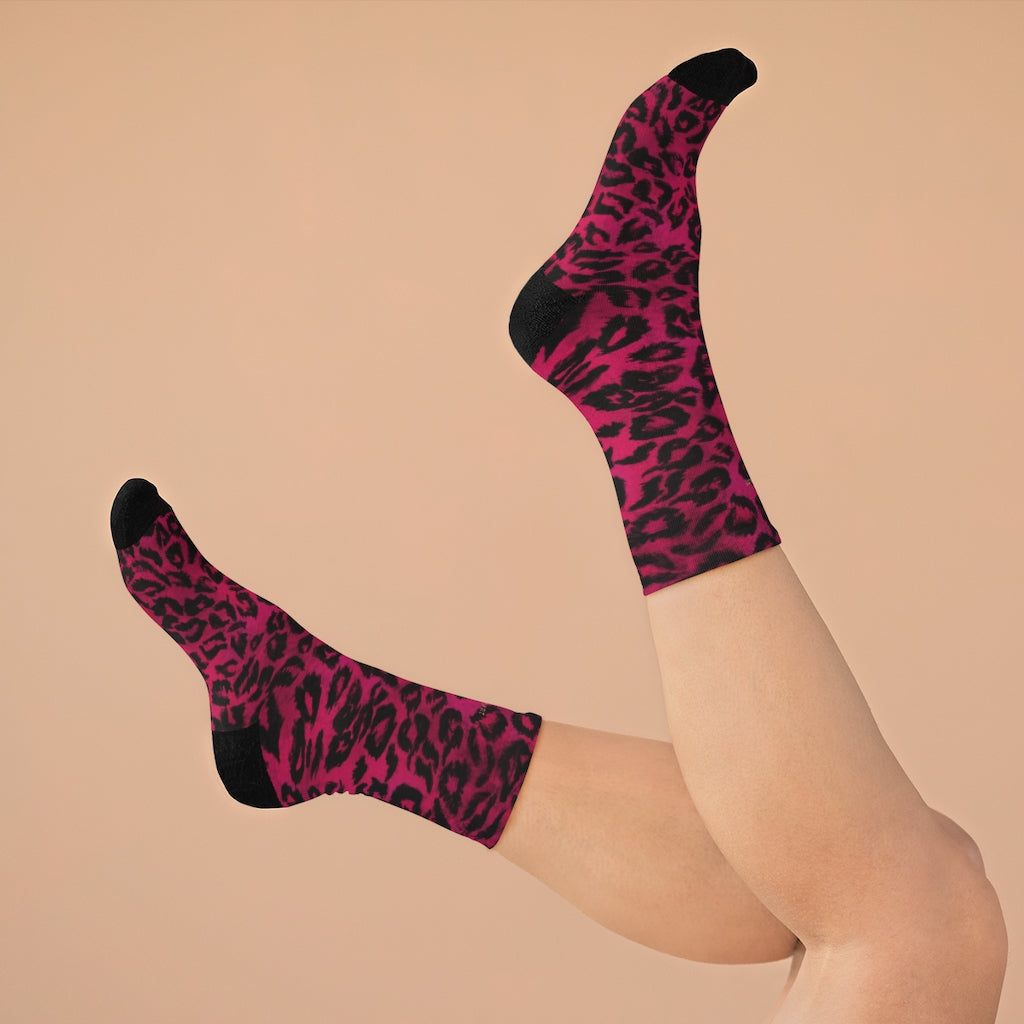 Hot Pink Leopard Animal Print One-Size 200 Needle Premium Crew Knit Socks- Made in USA-All Over Prints-One size-Heidi Kimura Art LLC