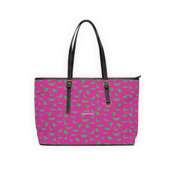 Green Crane Pink Tote Bag, Best Stylish Fashionable Printed PU Leather Shoulder Large Spacious Durable Hand Work Bag 17"x11"/ 16"x10" With Gold-Color Zippers & Buckles & Mobile Phone Slots & Inner Pockets, All Day Large Tote Luxury Best Sleek and Sophisticated Cute Work Shoulder Bag For Women With Outside And Inner Zippers