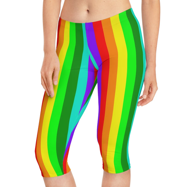 Rainbow Striped Women's Capri Leggings, Modern Gay Pride Rainbow Print American-Made Best Designer Premium Quality Knee-Length Mid-Waist Fit Knee-Length Polyester Capris Tights-Made in USA (US Size: XS-3XL) Plus Size Available