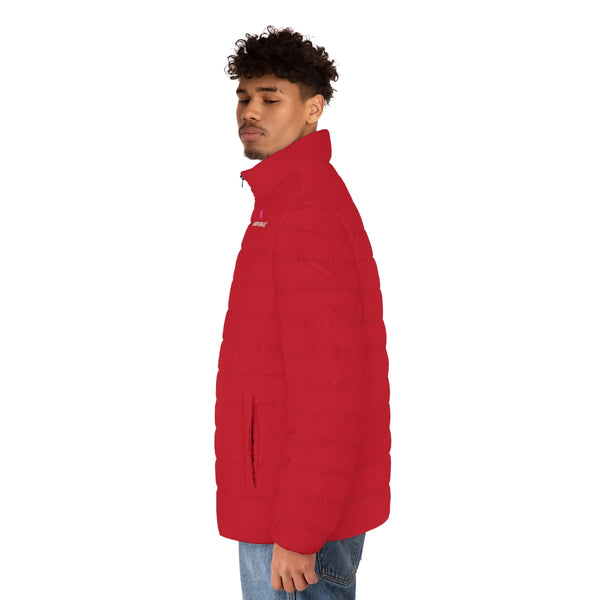Hot Red Color Men's Jacket, Best Regular Fit Polyester Men's Puffer Jacket With Stand Up Collar (US Size: S-2XL)