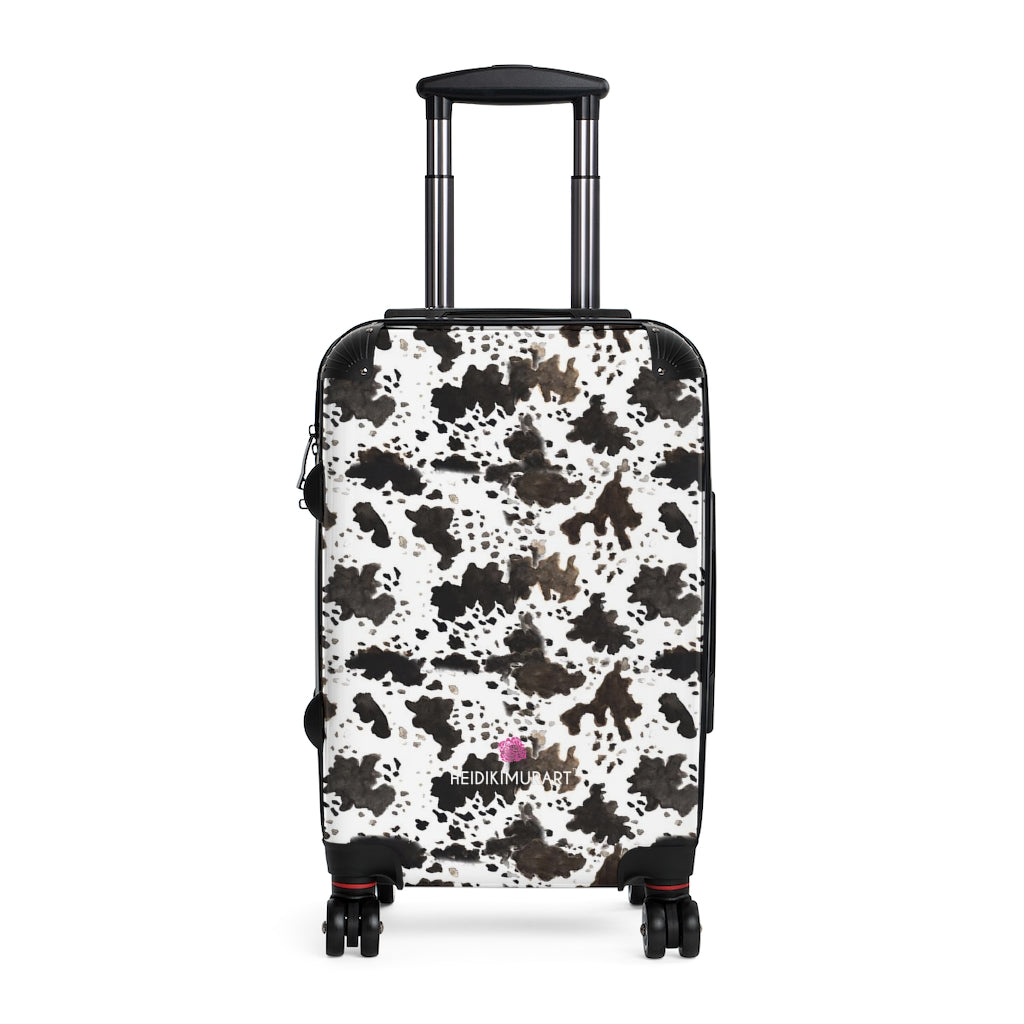 Cow Print Best Cabin Suitcase, Animal Print Designer Carry On Polycarbonate Front and Hard-Shell Durable Small 1-Size Carry-on Luggage With 2 Inner Pockets & Built in Lock With 4 Wheel 360° Swivel and Adjustable Telescopic Handle - Made in USA/UK (Size: 13.3" x 22.4" x 9.05", Weight: 7.5 lb) Unique Cute Carry-On Best Personal Travel Bag Custom Luggage - Gift For Him or Her 