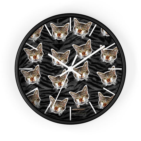 Black Tiger Stripe Cat Print Clock, Large 10" Dia. Indoor Calico Cat Wall Clocks- Made in USA-Wall Clock-10 in-Black-White-Heidi Kimura Art LLC