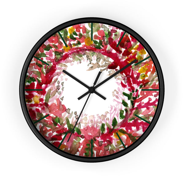 Fall Orange Red Floral Print Designer 10 in. Dia. Indoor Wall Clock- Made in USA-Wall Clock-10 in-Black-Black-Heidi Kimura Art LLC