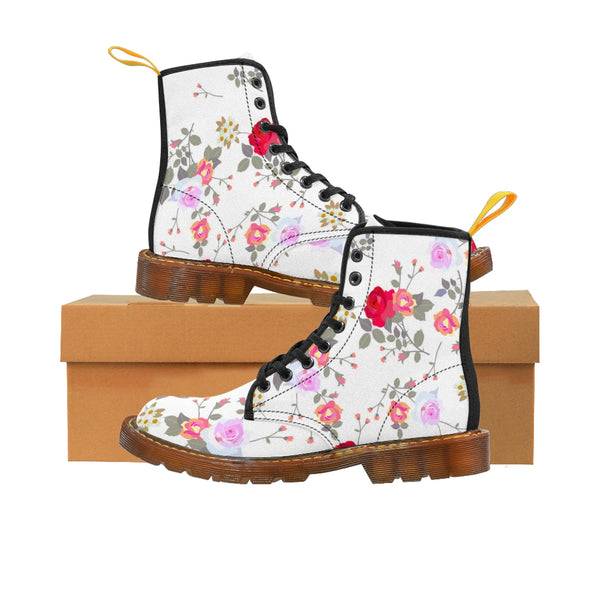 White Floral Print Designer Vintage Style Women's Canvas Winter Boots(Size: 6.5-11)-Women's Boots-Brown-US 9-Heidi Kimura Art LLC