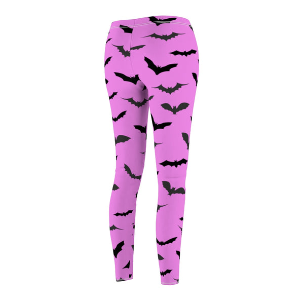 Pink Black Bats Print Women's Halloween Costume Cosplay Casual Leggings- Made in USA-Casual Leggings-Heidi Kimura Art LLC