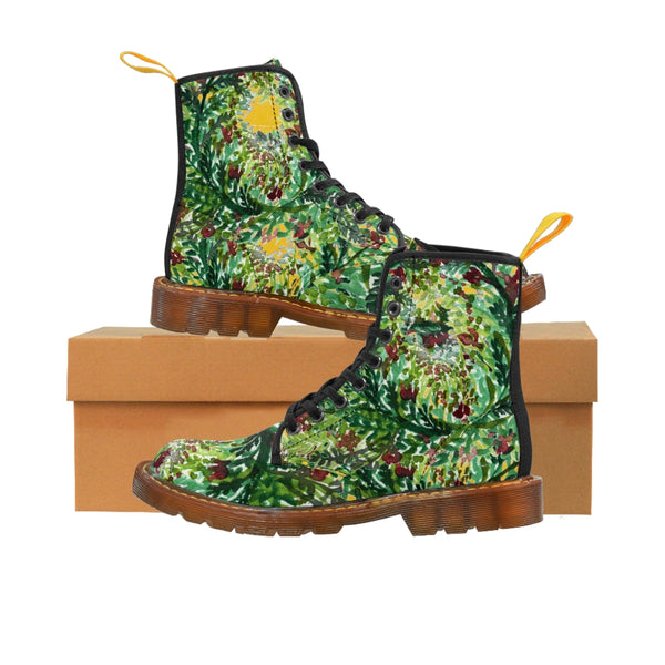 Yellow Green Floral Women's Boots, Cute Elegant Flower Printed Combat Hiking Boots For Ladies