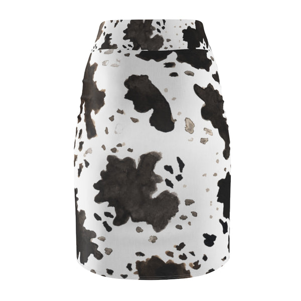 Cow Print White Brown Black Designer Women's Pencil Skirt - Made in USA (Size XS-2XL)-Pencil Skirt-Heidi Kimura Art LLC
