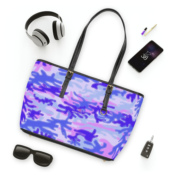 Purple Camo Print Tote Bag, Best Stylish Light Purple Camouflage Military Army Printed PU Leather Shoulder Large Spacious Durable Hand Work Bag 17"x11"/ 16"x10" With Gold-Color Zippers & Buckles & Mobile Phone Slots & Inner Pockets, All Day Large Tote Luxury Best Sleek and Sophisticated Cute Work Shoulder Bag For Women With Outside And Inner Zippers