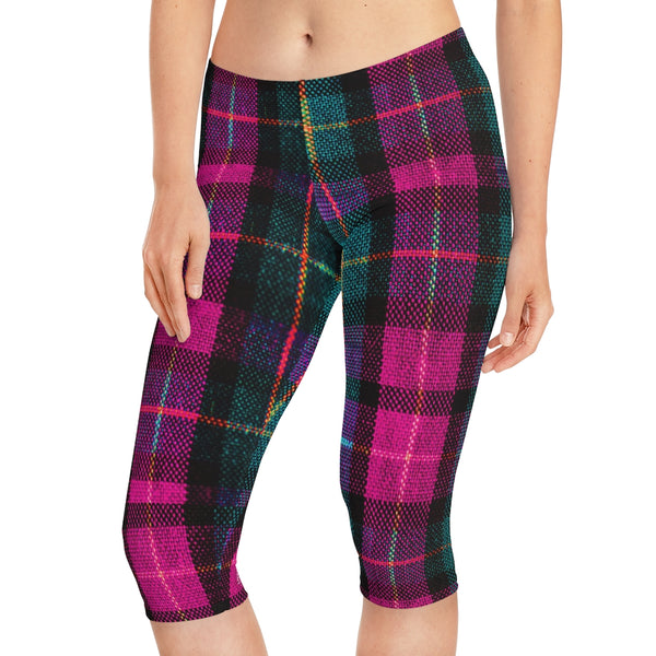 Pink Plaid Women's Capri Leggings, Modern Pink Green Tartan Scottish Plaid Print American-Made Best Designer Premium Quality Knee-Length Mid-Waist Fit Knee-Length Polyester Capris Tights-Made in USA (US Size: XS-3XL) Plus Size Available