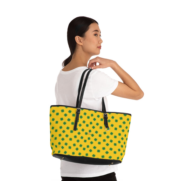 Yellow Green Clovers Tote Bag, PU Leather Shoulder Hand Work Bag