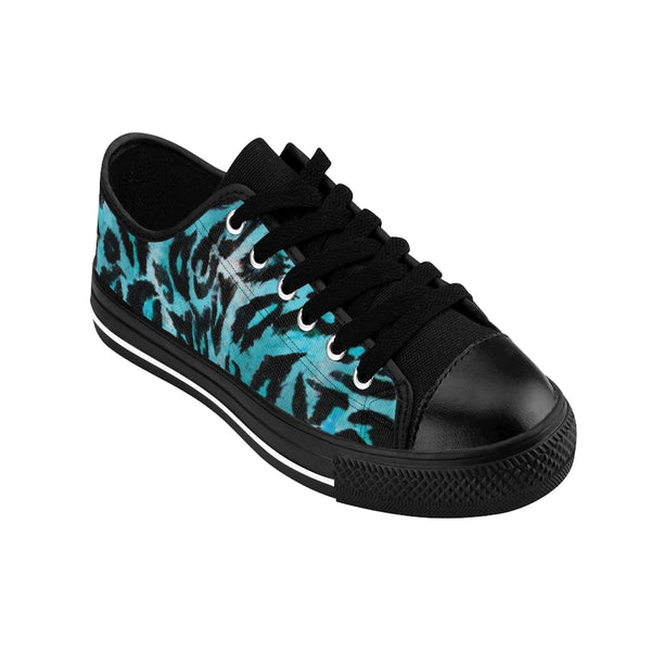 Light Blue Leopard Animal Print Premium Men's Low Top Canvas Sneakers Tennis Shoes-Men's Low Top Sneakers-Heidi Kimura Art LLC