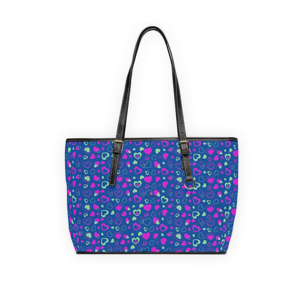 Blue Hearts Print Tote Bag, PU Leather Shoulder Hand Work Bag