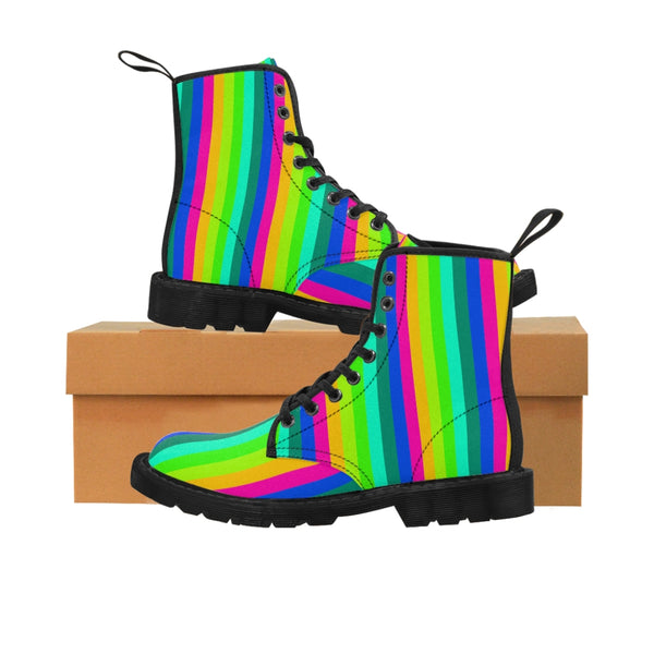 Rainbow Print Men Hiker Boots, Rainbow Stripes Best Colorful Print Men's Canvas Winter Laced Up Hiking Boots Anti Heat + Moisture Designer Best Men's Winter Combat Hunting Style Boots (US Size: 7-10.5)