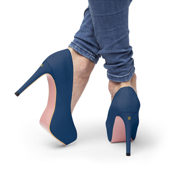 Royal Navy Blue Solid Color Print Luxury Women's Platform Heels (US Size: 5-11)-4 inch Heels-Heidi Kimura Art LLC