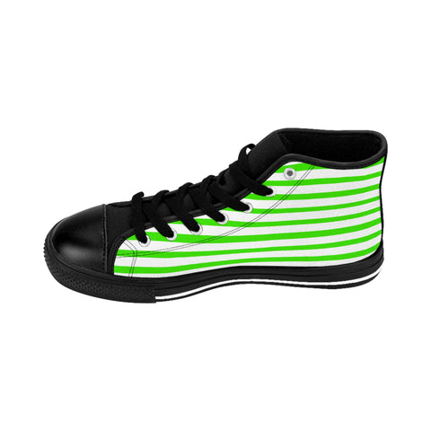 Green Striped Men's High-top Sneakers, Green White Modern Stripes Men's High Tops, High Top Striped Sneakers, Striped Casual Men's High Top For Sale, Fashionable Designer Men's Fashion High Top Sneakers, Tennis Running Shoes (US Size: 6-14)