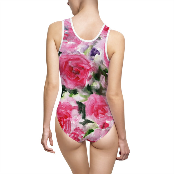 Pink Rose Floral Print Designer Women's Classic One-Piece Swimsuit Sportswear-One-piece swimwear-Heidi Kimura Art LLC
