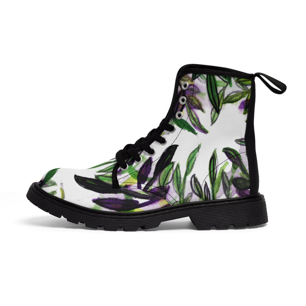Purple Tropical Print Women's Boots, Hawaiian Style Designer Laced-up Winter Boots For Ladies