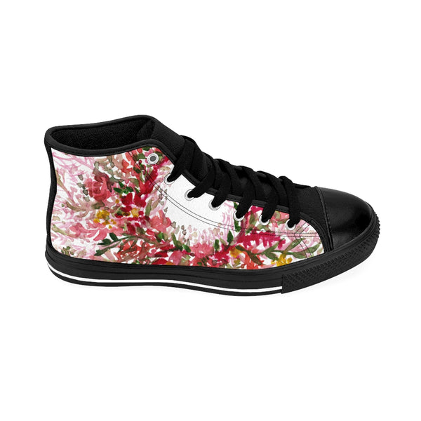Red Fall Floral Print Designer Men's High-top Sneakers Tennis Fashion Running Shoes-Men's High Top Sneakers-Heidi Kimura Art LLC