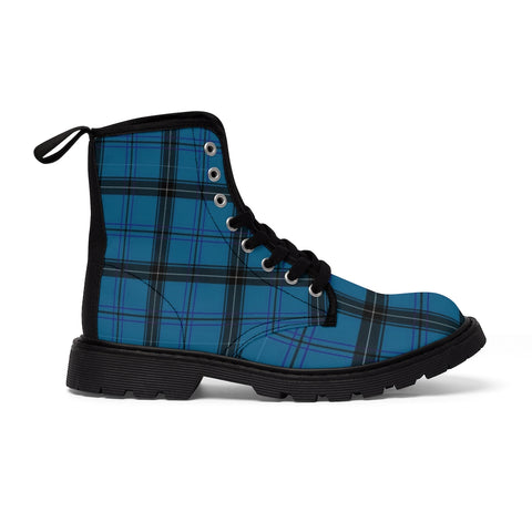 Blue Plaid Women's Canvas Boots, Best Blue Plaid Print Canvas Boots For Women, Elegant Feminine Casual Fashion Gifts, Hunting Style Combat Boots, Designer Women's Winter Lace-up Toe Cap Hiking Boots Shoes For Women (US Size 6.5-11)