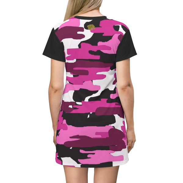 Pink Camo Military Print Women's Long T-shirt Dress-Made in USA(US Size: XS-2XL)-T-Shirt Dress-Heidi Kimura Art LLC