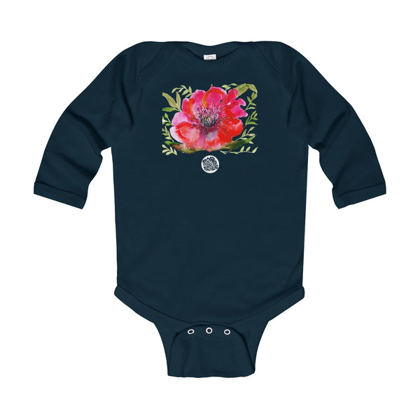Red Hibiscus Floral Cute Infant Long Sleeve Bodysuit - Made in UK (UK Size: 6M-24M)-Kids clothes-Navy-12M-Heidi Kimura Art LLC